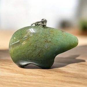 Carved Bear Pendant Stone Fetish Polished Jadeite 18KA GP Chain Green Blue
